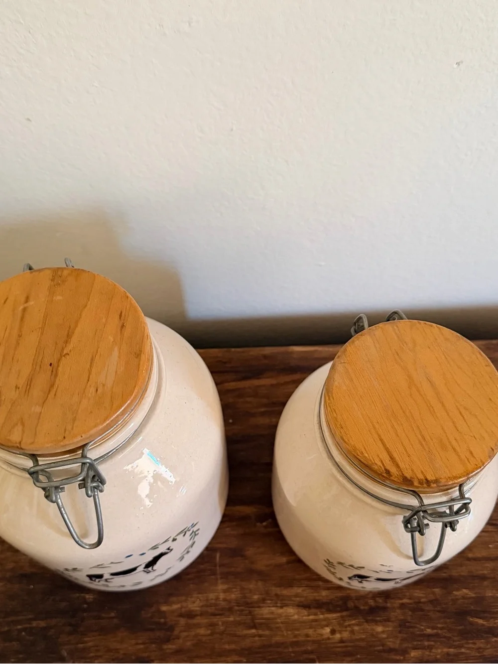 Vintage Cream Ceramic Cow Canisters with Wood Lids
